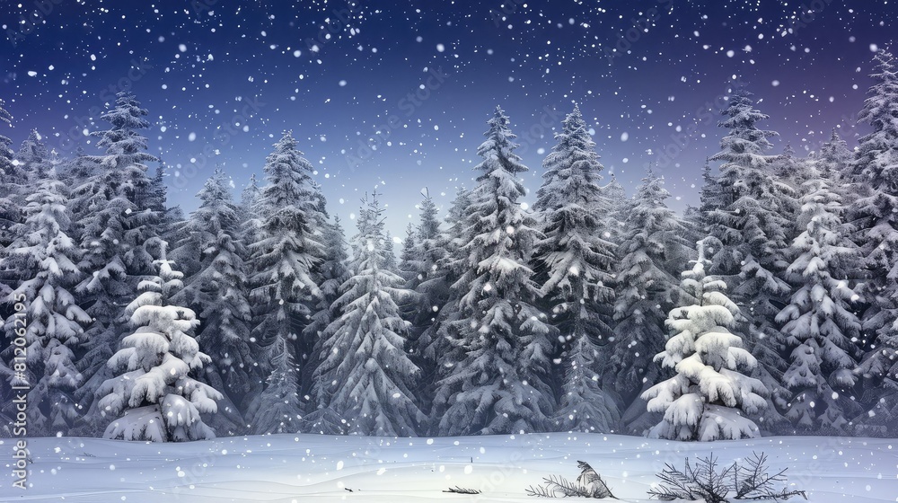 winter night landscape. snowy forest and fir branches