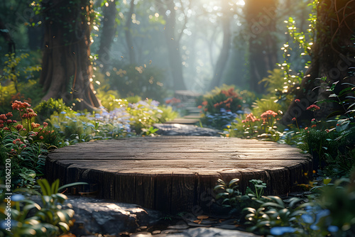 Stone podium at magic forest, plants, green moss, herbs, dew - 3D mockup background beauty product presentation concept. Copy space platform for Cosmetics, perfume fashion sales advertising stand.