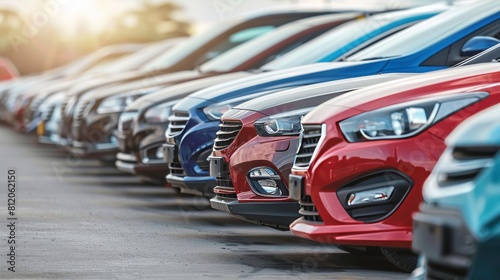 A row of front of used cars on midday. Rental or auto sale concept