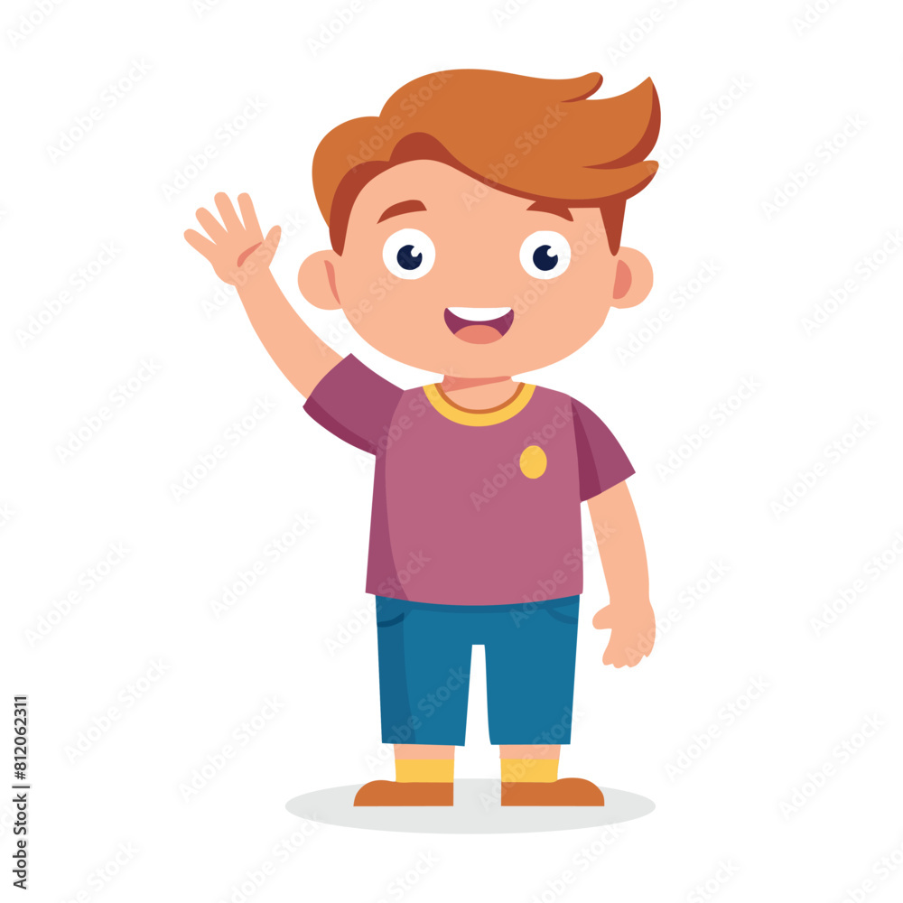  Little boy waving hand flat vector illustration on white background.