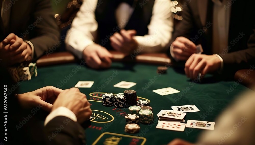 An exclusive highstakes poker game in a private casino room, with wealthy individuals betting large sums An exclusive highstakes poker game in a private casino room, with wealthy individuals betting large sums