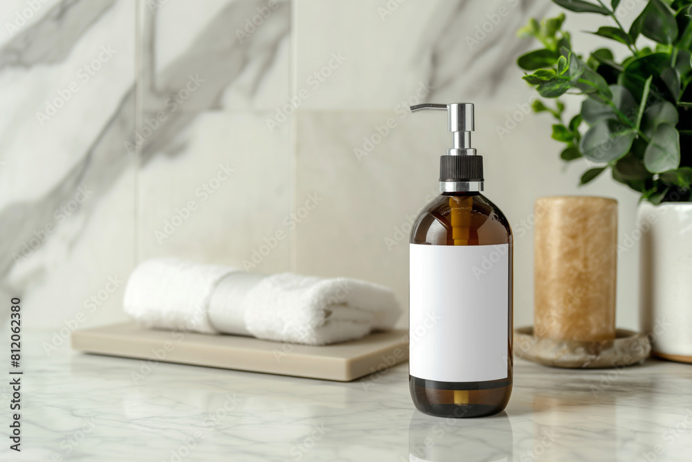 Chic amber bottle on a marbled bathroom shelf Chic amber bottle on a marbled bathroom shelf