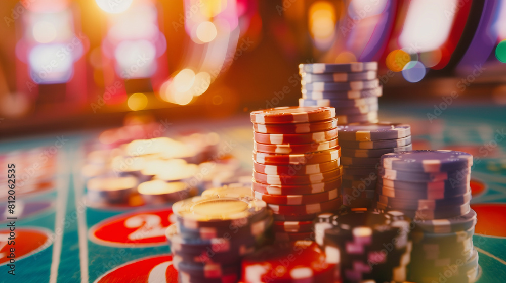 Bright poker chips on a poker table Bright poker chips on a poker table