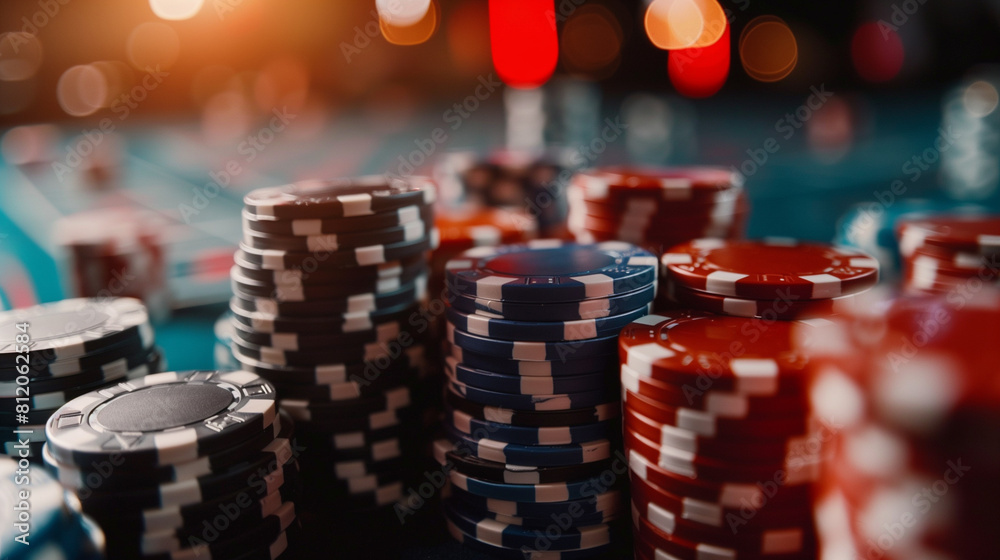 Bright poker chips on a poker table