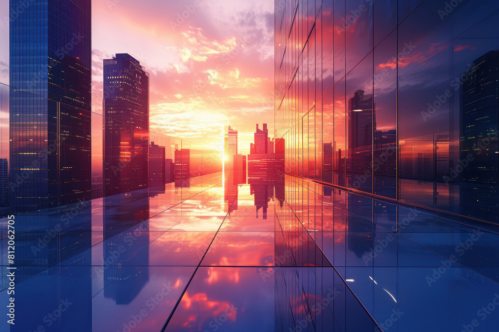 commercial building and skyline reflections at sunset