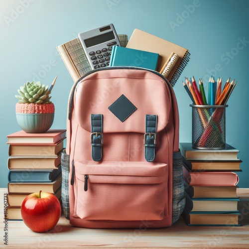 Full school backpack with books isolated on blue background with copy space. Back to School concept. digital ai art