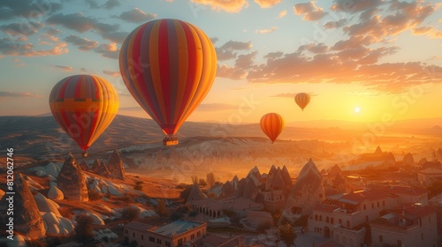 Flying hot air balloons and rocky landscape during sunrise. photo