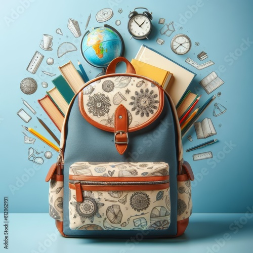 Full school backpack with books isolated on blue background with copy space. Back to School concept. digital ai art
