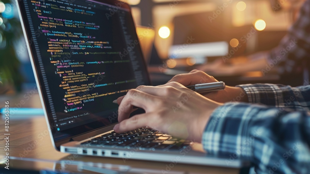 A programmer writes code on a laptop. Programming languages. A programmer writes code on a laptop. Programming languages.