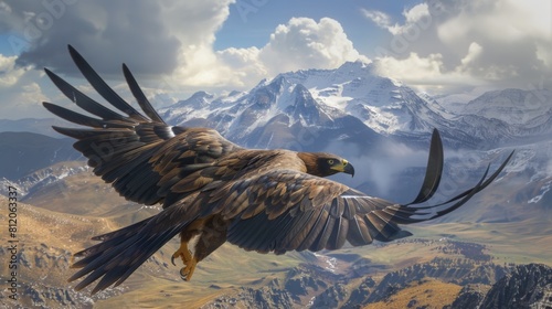 Steppe eagle, showing the wingspan, flight in the air, soaring. photo