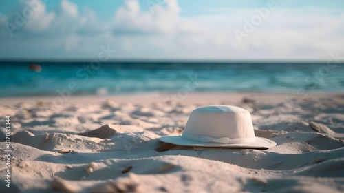 Summer vacation concept white straw hat on a tropical beach. strawhat on the beach, white strawhat on beach, summer vibes. Tropical Beach White summer straw hat lying on sand photo