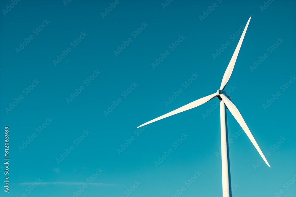 A wind turbine is standing tall in the sky above a blue sky A wind turbine is standing tall in the sky above a blue sky