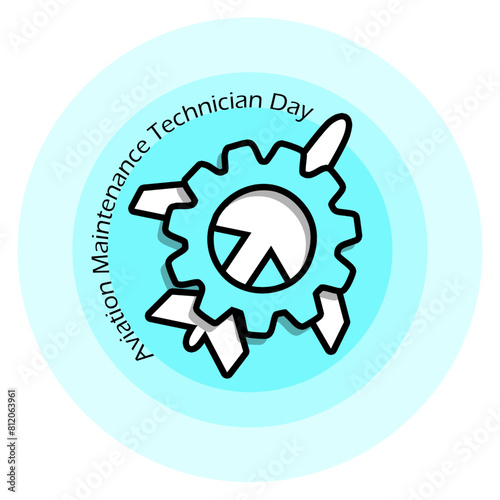 Aviation Maintenance Technician Day event banner. Icon of a gear and airplane on light blue background to celebrate on May 24th