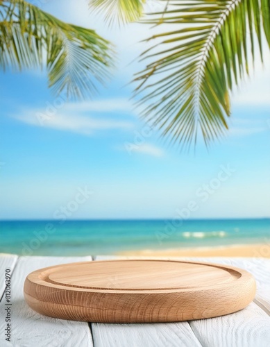 beach with palm trees  A minimal summer background sets the stage for an empty podium or pedestal platform perfect for cosmetic products in  a mockup