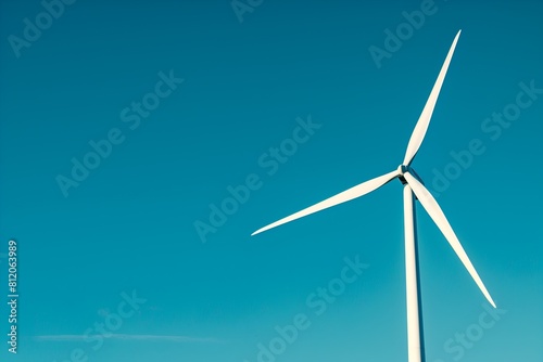 A wind turbine is standing tall in the sky above a blue sky