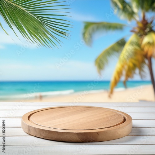 A minimal summer background sets the stage for an empty podium or pedestal platform perfect for cosmetic products in a mockup, wooden table on the beach © Sajjad-Farooq-Baloch