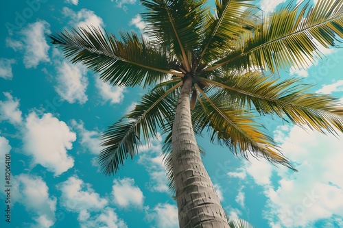 Beautiful tropical coconut palm tree with blue sky and white cloud  summer background  summer vacation  palm tree background 