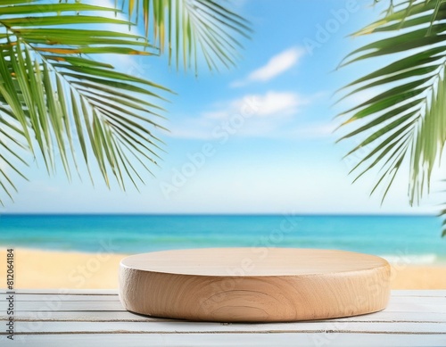 A minimal summer background sets the stage for an empty podium or pedestal platform perfect for cosmetic products in  mockup  beach with palm trees and sun