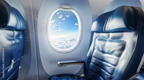 Plane window, clouds and blue sky seen through it