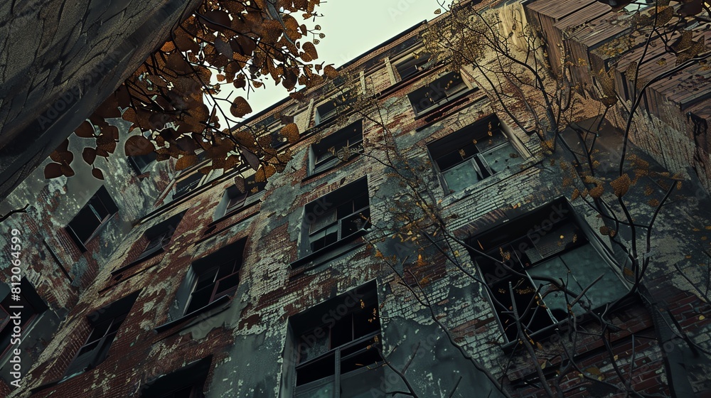 Capture the gritty beauty of urban decay through a low-angle view, highlighting the contrast between nature and man-made structures with photorealistic digital techniques