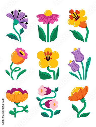 Set of stylizet contemporary bold vivid flowers. Vector floral design elements for banners, flyers, invitation, event announcement, billboard for flower market, festivals, shows. Template of poster. © fireflamenco