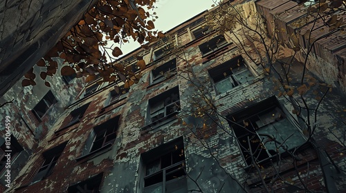 Capture the gritty beauty of urban decay through a low-angle view, highlighting the contrast between nature and man-made structures with photorealistic digital techniques
