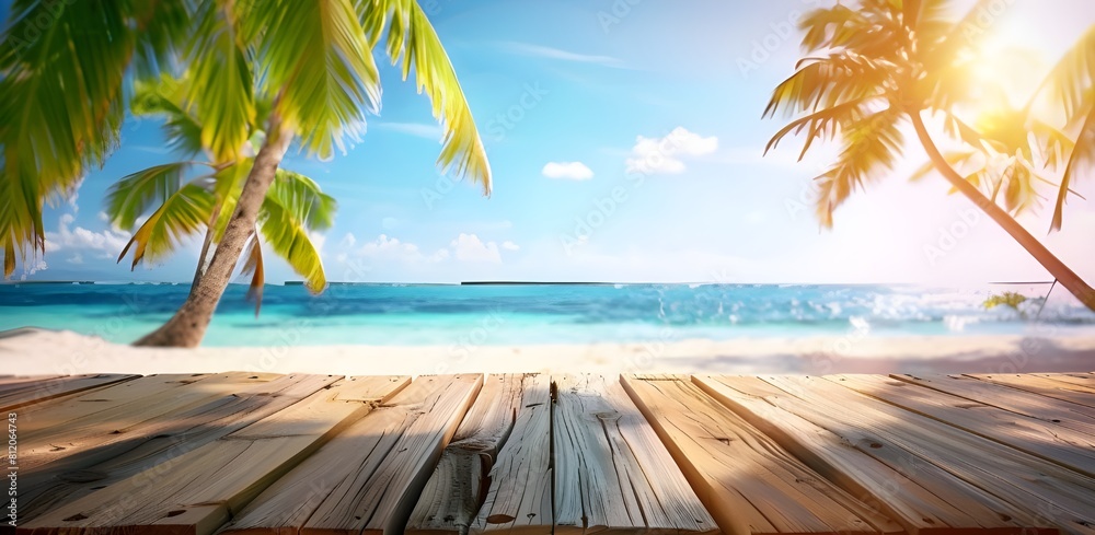Empty wooden table with palm in the beach on background, summer product backdrop, summer sale, summer vacation holiday background
