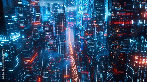 Craft a digital artwork featuring a rear view of a futuristic cityscape