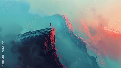 Craft a digital artwork with minimalist style featuring a surreal landscape viewed from the side Incorporate unexpected top-down camera angles to add depth and mystery photo