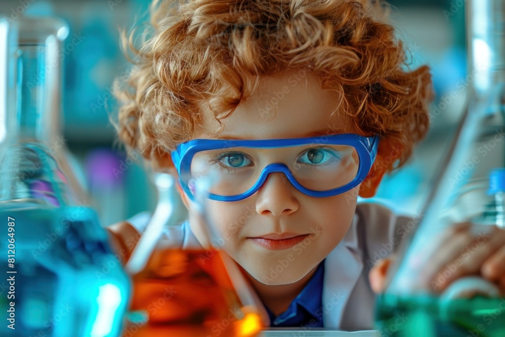 Curious child in safety goggles exploring science with colorful lab experiments Curious child in safety goggles exploring science with colorful lab experiments