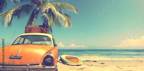 Vintage car with summer accessories and palm tree on beautiful tropical sand beach. Summer vacation concept. summer holiday background. summer background