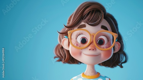 3D rendering of a cute cartoon girl with brown hair and freckles wearing yellow glasses. © stocker