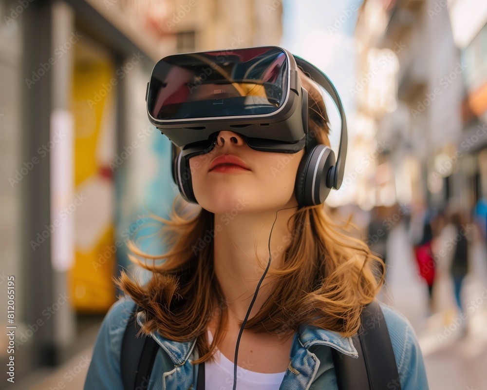 Young woman wearing virtual reality headset in the city street. Young woman wearing virtual reality headset in the city street.