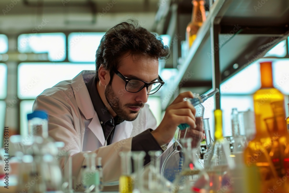Young male researcher with eyeglasses examining chemical experiment in a lab setting Young male researcher with eyeglasses examining chemical experiment in a lab setting