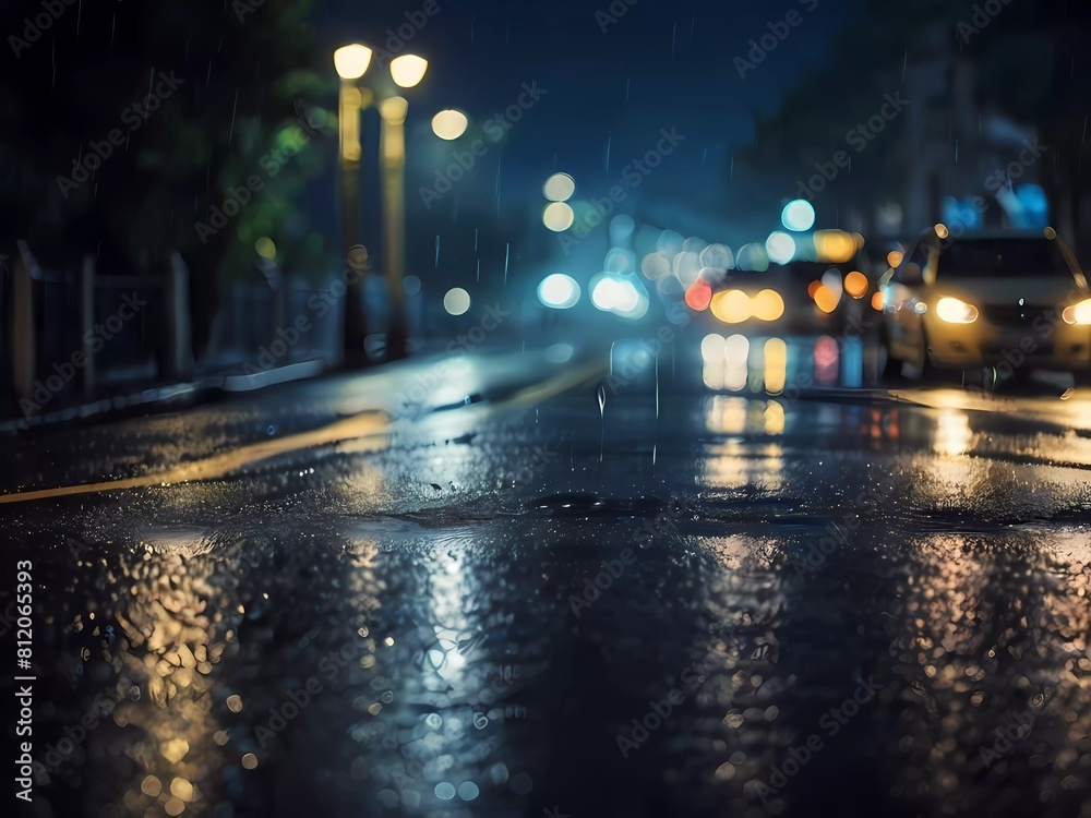Rain at night on road with blurred lights background, traffic in the city