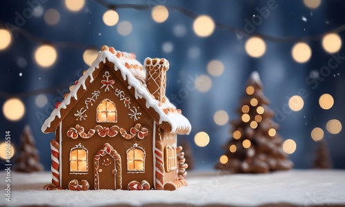 A gingerbread house with a snowy roof and lit windows, set against a blurred background of holiday lights