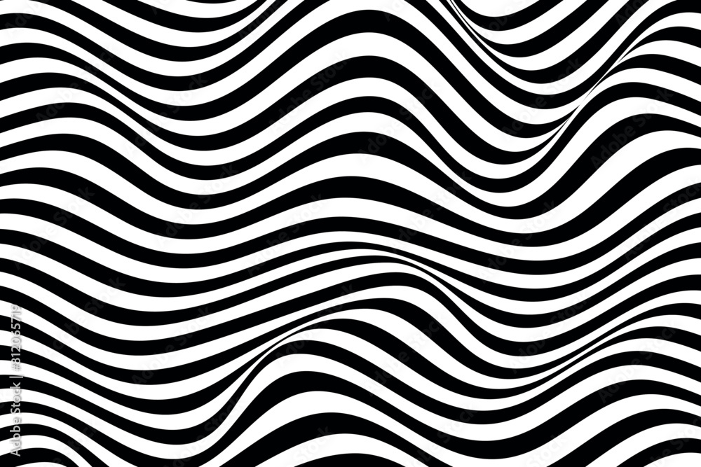 Abstract Black and white Geometric Waves Pattern with Vector Optical Illusion, Water Ripple and Swirl Texture Background