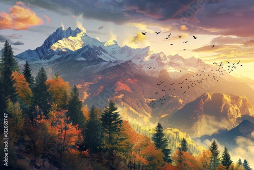 A beautiful mountain landscape with a large flock of birds flying in the sky photo