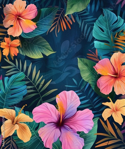 Vibrant illustration of tropical flowers with pink hibiscus blossoms  lush green leaves  and bright orange foliage.