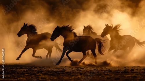 A group of horses running through a dusty field. The horses are silhouetted against the orange sky, creating a sense of motion and energy. silhouette of a horses running through dust