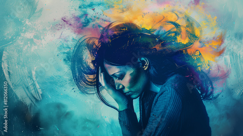 Woman in deep thought surrounded by vivid abstract colors symbolizing mental health challenges and emotional support
