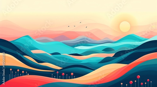 This is a beautiful landscape image of a mountain range at sunset. The colors are vibrant and the composition is simple and elegant.