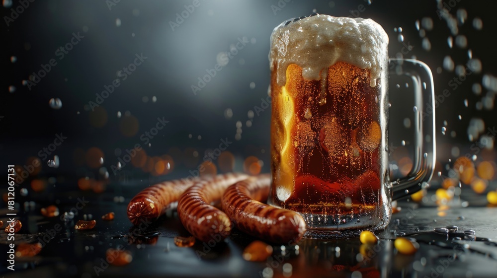 Beer mug with sausages on a dark background. AI generative. Beer mug with sausages on a dark background. AI generative.