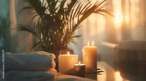Soft sunlight illuminates a peaceful spa room with a palm plant, a stack of fresh towels, and a trio of lit candles on a polished table. photo