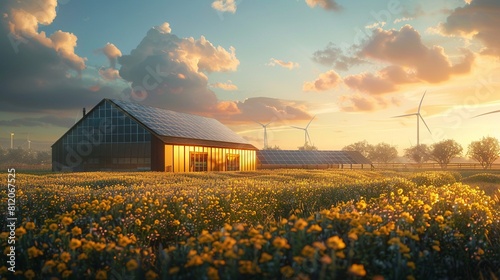 A conceptual image of a zerowaste feedmill utilizing renewable energy, emphasizing sustainability in agriculture The feedmill is depicted with solar panels and wind turbines, symbolizing ecofriendly p photo