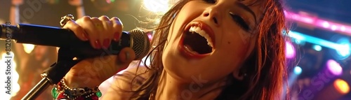 A closeup of a young woman holding a microphone, singing passionately on stage The background is blurred, but the silhouettes of cheering fans can be seen, highlighting the energy of the performance photo