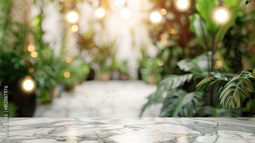 an empty marble table for product placement with blurry plants and blurry lights in the background