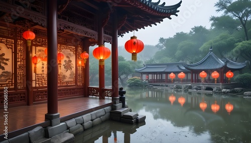 A traditional Chinese pavilion with ornate lanterns and a pond in the foreground   on a rainy day with a blurred background