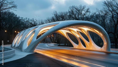 Showcase the architectural innovation of a futuristic pedestrian bridge, emphasizing its unique design elements and functional purpose.