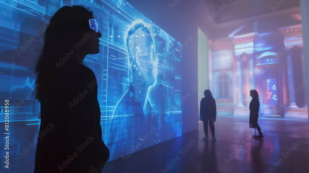 People viewing the exhibition and digital content. Art exhibition with augmented reality, virtual museum tour concept People viewing the exhibition and digital content. Art exhibition with augmented reality, virtual museum tour concept